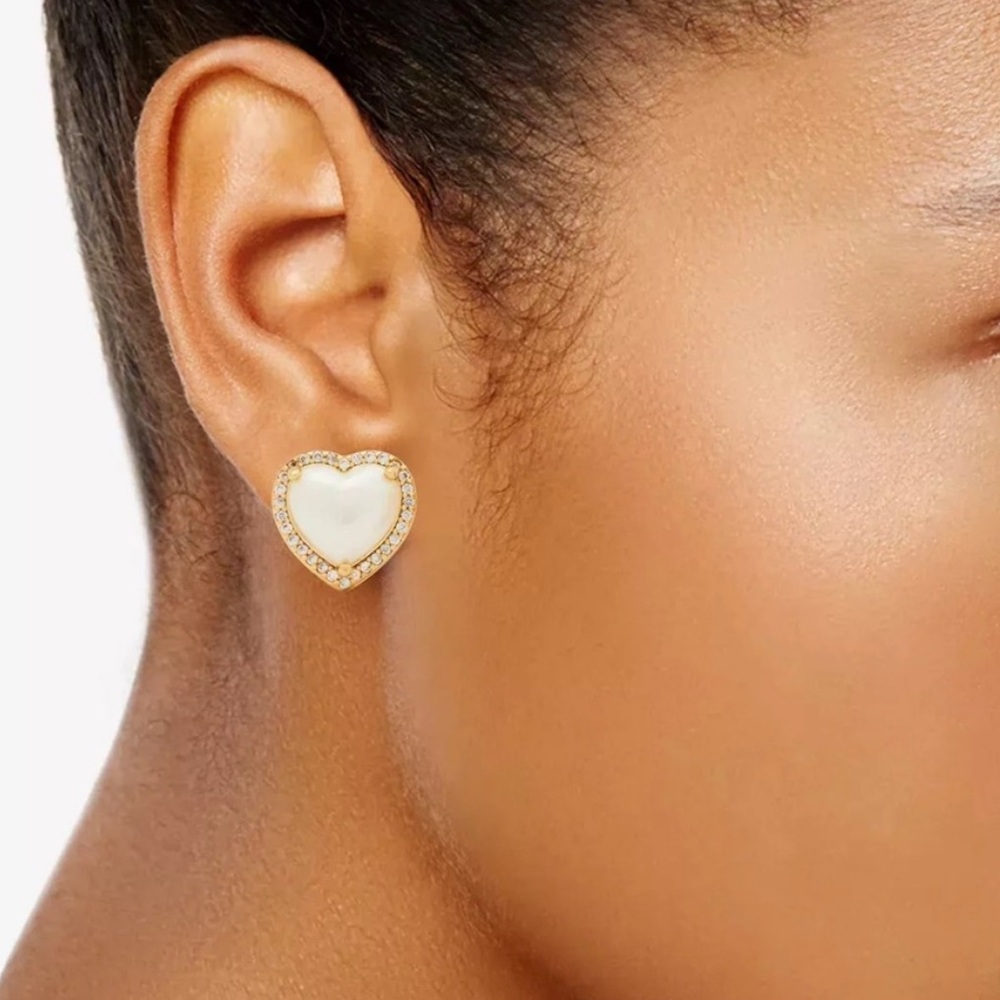 Kate Spade New York My Love Pave Pearly Heart Halo Cream/Gold Stud Earrings NIB - Picture 2 of 3